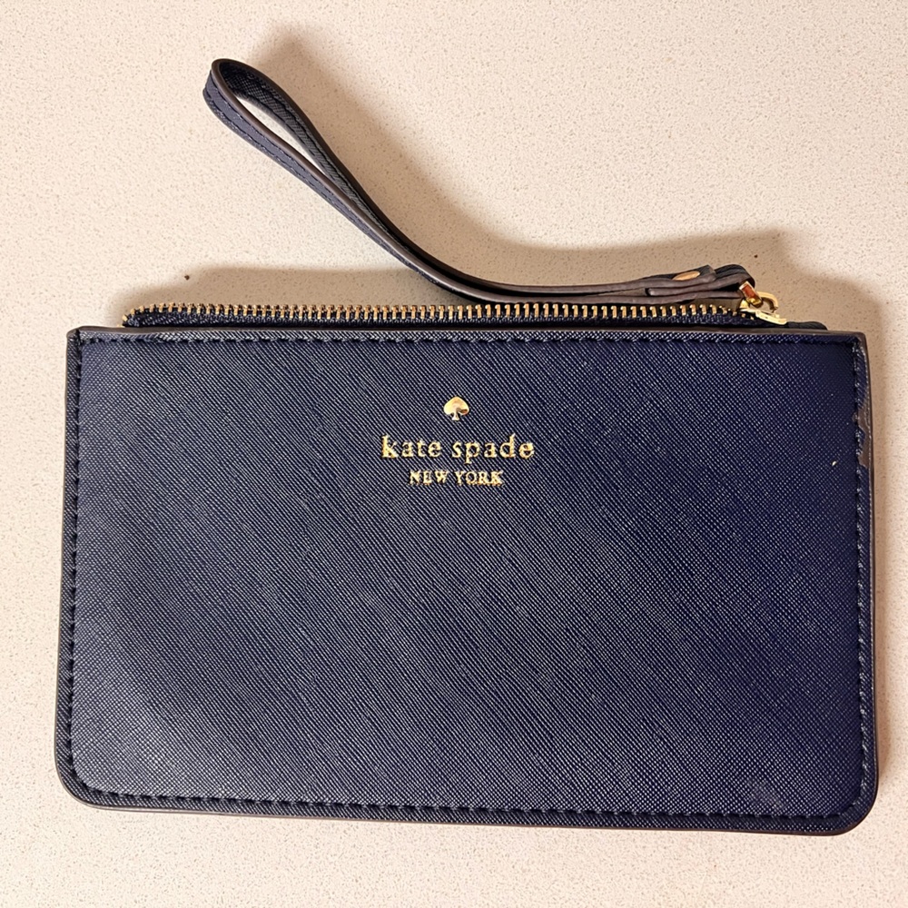 kate spade navy saffiano wristlet with gold logo